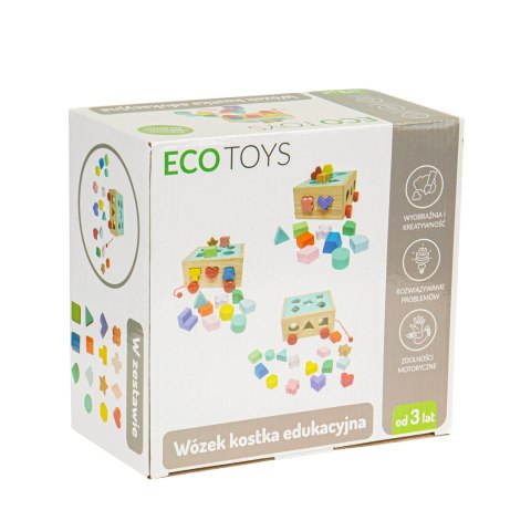 DREWNIANY WÓZEK SORTER Z KLOCKAMI KOSTKA EDUKACYJNA DLA DZIECI ECOTOYS