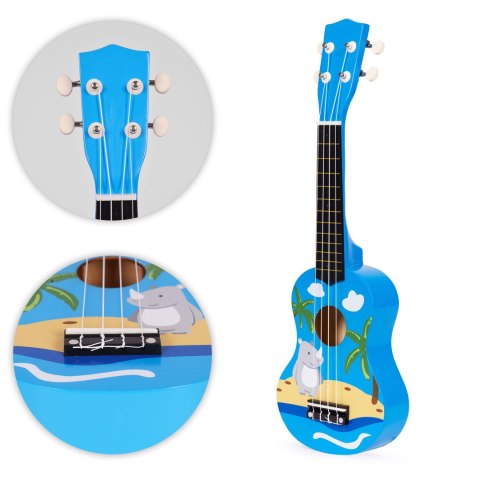 GITARA UKULELE DLA DZIECI DREWNIANA 4 STRUNY NYLONOWE KOSTKA DO GRY ECOTOYS