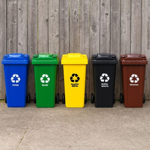 ZESTAW 3 KOSZY NA ŚMIECI POJEMNIKI 3X120L NIEBIESKI ZIELONY ŻÓŁTY MAKULATURA SZKŁO PLASTIK GUMOWE KOŁA