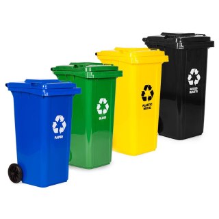 ZESTAW 4 KOSZY NA ŚMIECI POJEMNIKI 4X120L NIEBIESKI ZIELONY ŻÓŁTY CZARNY MAKULATURA SZKŁO PLASTIK ODPADY ZMIESZANE GUMOWE KOŁA