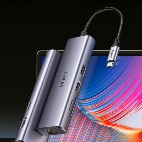 HUB Adapter USB-C - USB-A / HDMI / RJ45 / czytnik kart SD i TF / USB-C PD 100W - szary