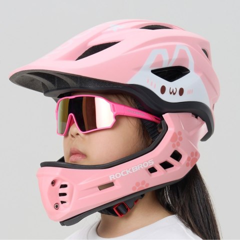 Kask rowerowy dziecięcy z odpinaną szczęką rozmiar M 54-58cm - różowy królik