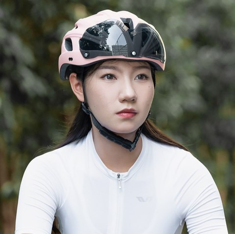 Kask rowerowy z odpinaną szybką daszkiem filtrem UV - różowy