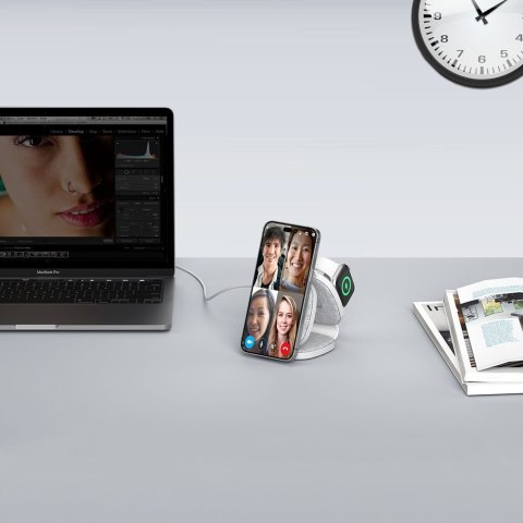 Ładowarka indukcyjna 3w1 na smartfon Apple Watch AirPods MagSafe - szara
