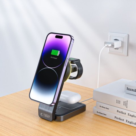Ładowarka indukcyjna 3w1 ze stojakiem na smartfon Apple Watch AirPods MagSafe - czarna