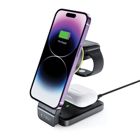 Ładowarka indukcyjna 3w1 ze stojakiem na smartfon Apple Watch AirPods MagSafe - czarna