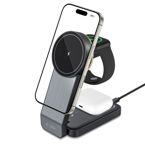 Ładowarka indukcyjna 3w1 ze stojakiem na smartfon Apple Watch AirPods MagSafe - czarna