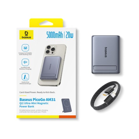 Powerbank ultracienki 5000mAh z podstawką kablem PicoGo AM31 Qi2 MagSafe 20W - szary