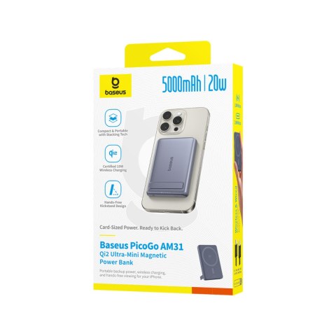 Powerbank ultracienki 5000mAh z podstawką kablem PicoGo AM31 Qi2 MagSafe 20W - szary