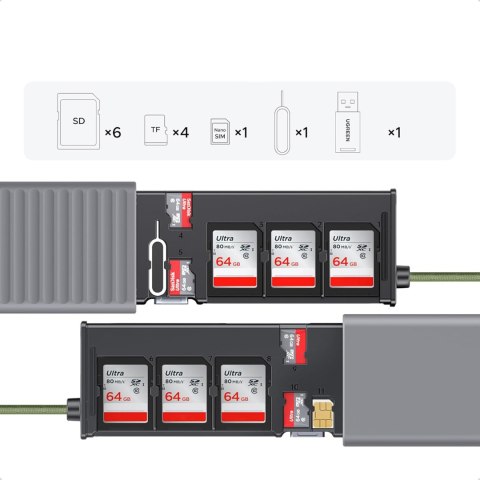 Czytnik kart pamięci 2w1 z organizerem na 10 kart - szary