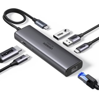 HUB rozdzielacz 6w1 USB-C na HDMI USB-C USB-A Ethernet - szary