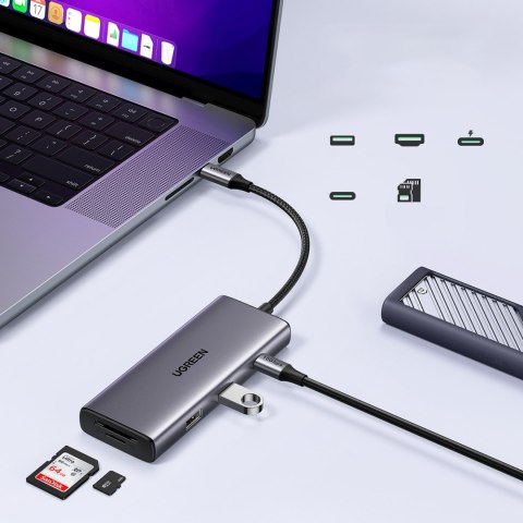HUB rozdzielacz 7w1 USB-C na HDMI USB-C USB-A SD TF - szary