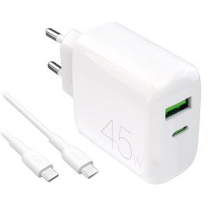 Ładowarka sieciowa USB-C USB-A PD z kablem USB-C 45W - biała
