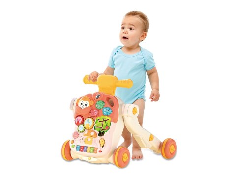 Wielofunkcyjny Interaktywny Jeździk Pchacz Chodzik Edukacyjny Stolik Grający 4w1 Różowy