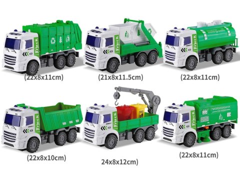 Zestaw 6 Pojazdów Ciężarowych Ciężarówka Tir Ciągnik Wywrotka Śmieciarka Beczkowóz