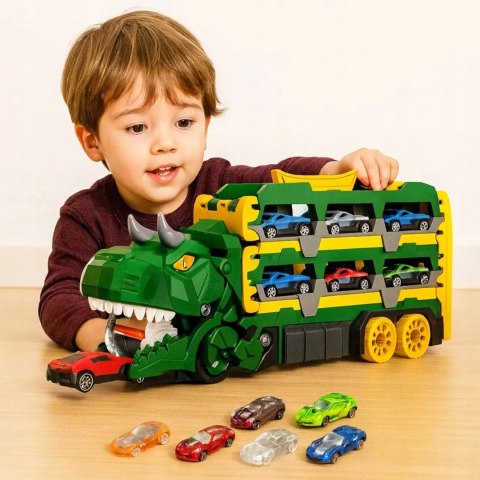 Ciężarówka Dinozaur Tor Wyścigowy zjeżdżalnia 6 Aut resoraki dla Dzieci