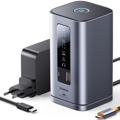 HUB Stacja dokująca 11w1 USB-C HDMI DP USB-A USB-C RJ45 PD mini jack 3.5mm ładowarka EU - szara