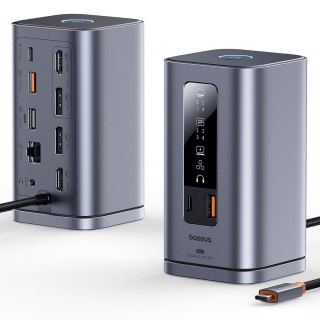 HUB Stacja dokująca 11w1 USB-C HDMI DP USB-A USB-C RJ45 PD mini jack 3.5mm ładowarka EU - szara