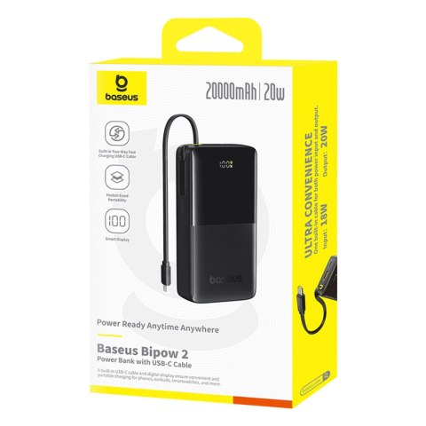 Powerbank Bipow 2 20000mah 20W z wyświetlaczem wbudowanym kablem USB-C - czarny