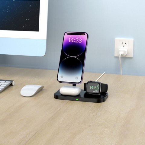 Ładowarka indukcyjna 3w1 ze stojakiem na smartfon Apple Watch AirPods MagSafe - czarna