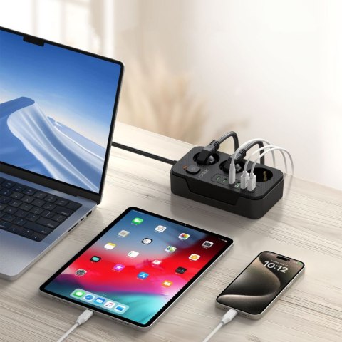 Listwa zasilająca przedłużacz 3 gniazda 240V USB-A USB-C 2m - czarna