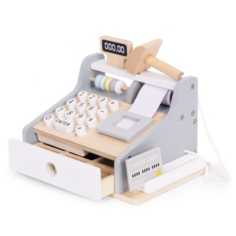 DREWNIANA KASA FISKALNA DLA DZIECI SKANER BANKNOTY MONETY KARTA ECOTOYS
