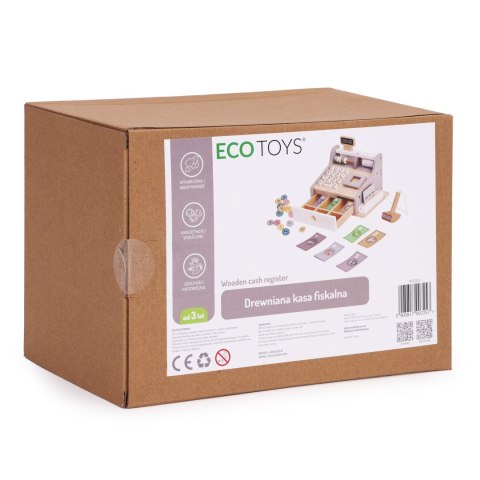 DREWNIANA KASA FISKALNA DLA DZIECI SKANER BANKNOTY MONETY KARTA ECOTOYS