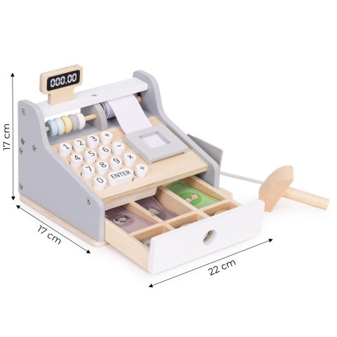 DREWNIANA KASA FISKALNA DLA DZIECI SKANER BANKNOTY MONETY KARTA ECOTOYS