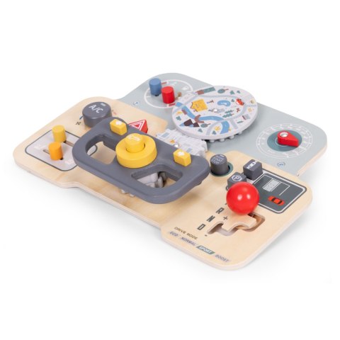 DREWNIANA TABLICA MANIPULACYJNA SENSORYCZNA DLA DZIECI PANEL EDUKACYJNY AUTO KIEROWNICA 15 ELEMENTÓW ECOTOYS