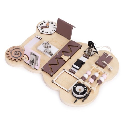 DREWNIANA TABLICA MANIPULACYJNA SENSORYCZNA DLA DZIECI PANEL EDUKACYJNY MIŚ 12 ELEMENTÓW ECOTOYS