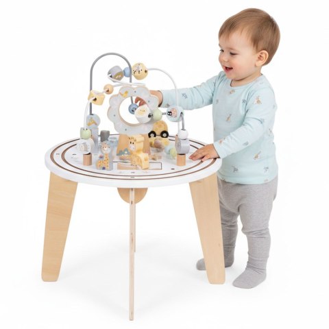 DREWNIANY STOLIK EDUKACYJNY INTERAKTYWNY DLA DZIECI 5W1 LABIRYNT MULA KOLEJKA LUSTERKO ECOTOYS