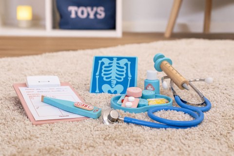 DREWNIANY ZESTAW MAŁEGO LEKARZA WALIZKA MEDYCZNA DLA DZIECI 34 ELEMENTY