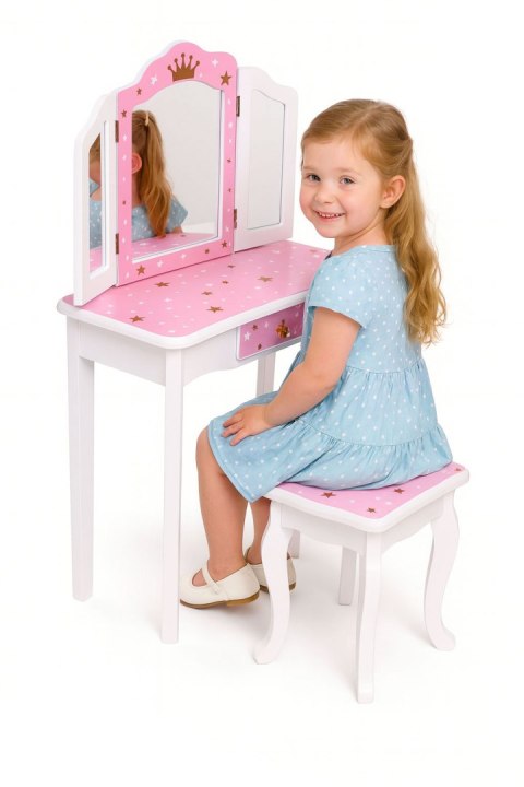 DUŻA TOALETKA ZABAWKOWA DLA DZIEWCZYNKI POTRÓJNE LUSTRO TABORET SZUFLADA ECOTOYS
