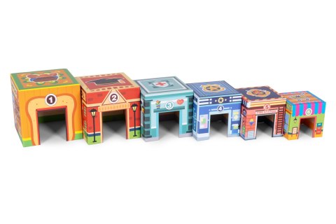 WIEŻA DO UKŁADANIA PIRAMIDA MIASTO SORTER Z FIGURKAMI I POJAZDAMI 18 ELEMENTÓW