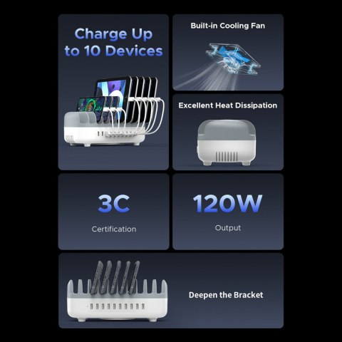 Inteligentna stacja ładowania DUK-10P-V1 do telefonów tabletów 10x USB-A - biała