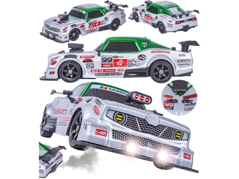 DUŻY Samochód Do Driftu Auto RC Drift 1:16 2,4 GHz PARA DYM Srebrny Dodge 4WD LED