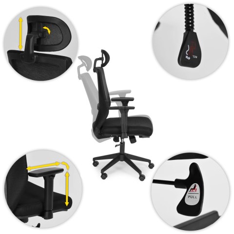 Fotel biurowy obrotowy wyprofilowane oparcie i zagłówek regulacja wysokości czarny ModernHome