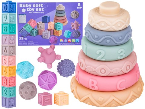 Klocki Sensoryczne dla malucha, Miękkie Klocki, Cyferki, Figury geometryczne, Kształty, Wieża 23 sztuki