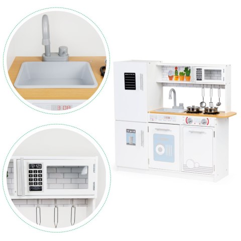 DREWNIANA KUCHNIA DLA DZIECI ŚWIATŁO LED + GARNKI ECOTOYS
