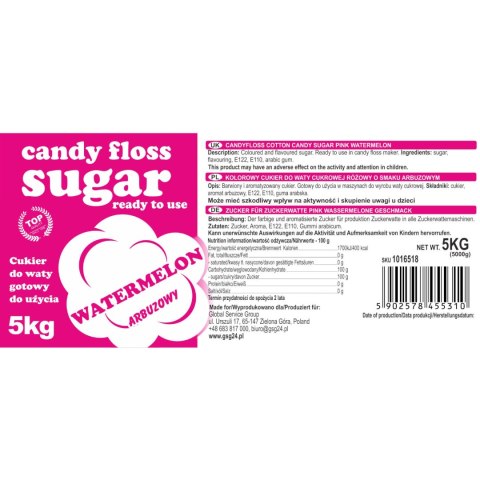 Kolorowy cukier do waty cukrowej czerwony o smaku arbuzowym 5kg