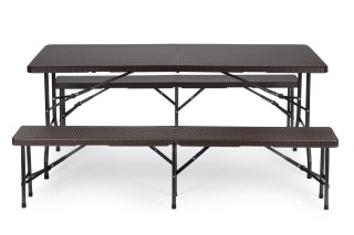 ZESTAW CATERINGOWY STÓŁ BANKIETOWY 180 CM 2 ŁAWKI RATAN BRĄZ MODERNHOME