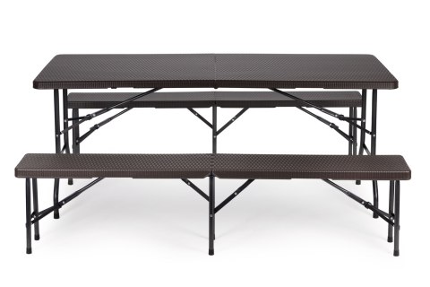 ZESTAW CATERINGOWY STÓŁ BANKIETOWY 180 CM 2 ŁAWKI RATAN BRĄZ MODERNHOME