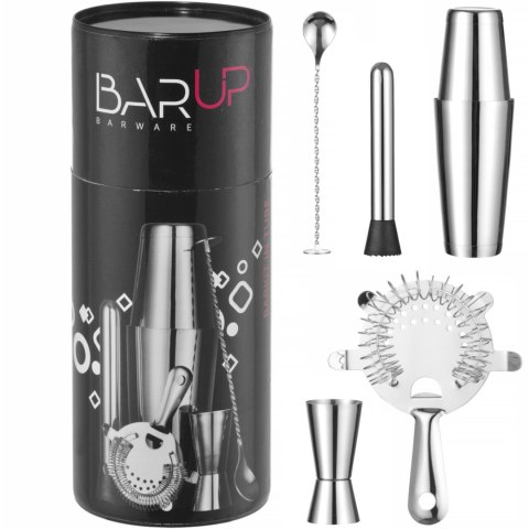 Zestaw barmański w tubie shaker jigger sitko muddler łyżka - srebrny