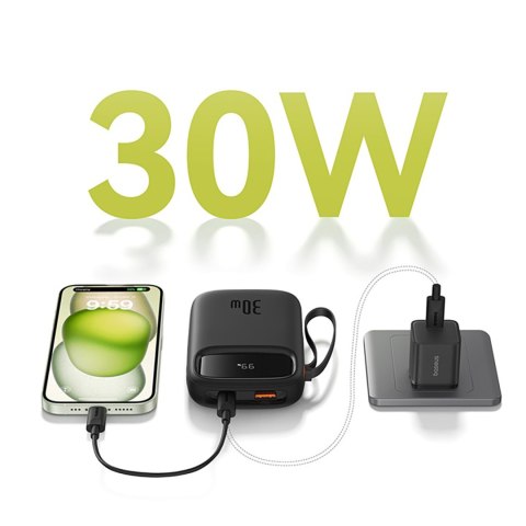 Power bank 10000mAh QPow 2 30W z wbudowanymi kablami USB-C - czarny