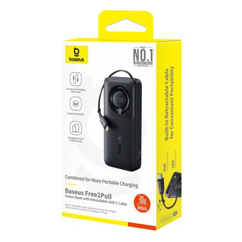 Powerbank 10000mAh 30W z portem USB-C i rozwijanym kablem USB-C Free2Pull - czarny