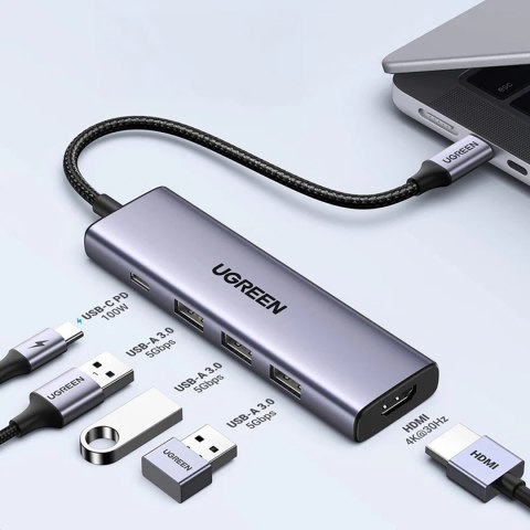5w1 HUB adapter USB-C - USB-C PD / HDMI / 3x USB-A 3.0 - szary