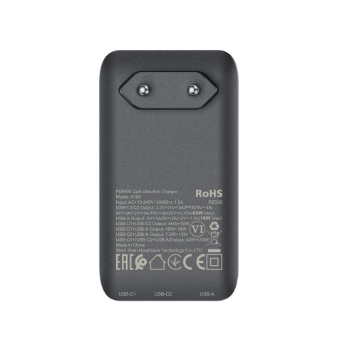 Ładowarka sieciowa płaska 65W GaN 2 USB-C USB-A ultra cienka - czarna