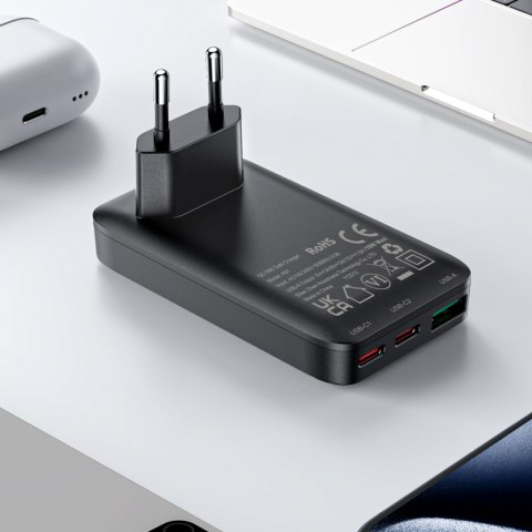 Ładowarka sieciowa płaska 65W GaN 2 USB-C USB-A ultra cienka - czarna