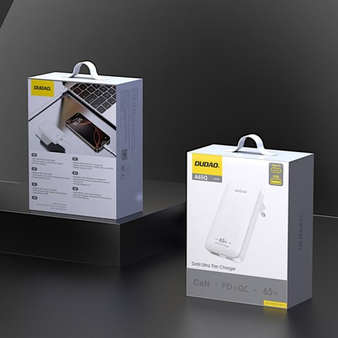 Ładowarka sieciowa podróżna ultracienka GaN 65W USB-A USB-C PD EU / US - biała