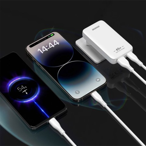 Ładowarka sieciowa podróżna ultracienka GaN 65W USB-A USB-C PD EU / US - biała